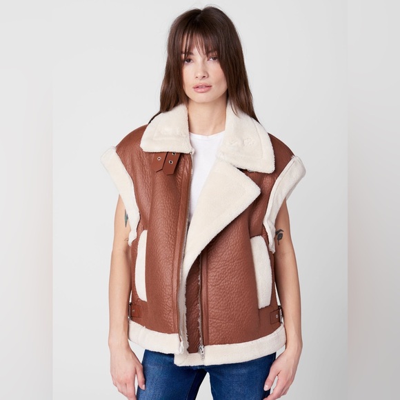 BLANKNYC Brown Faux Leather Shearling Vest with Cream Lining - Picture 2 of 4
